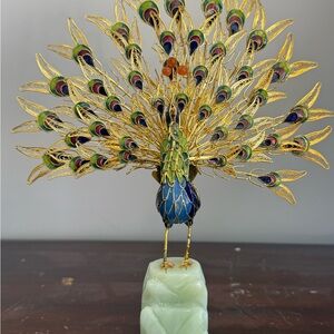 Hand made Chinese cloisonné peacock on jade-stone pedestal retired Beijing